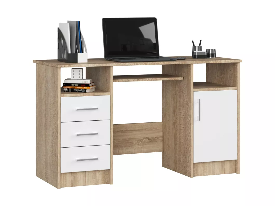 Kauf Unique PC-Schreibtisch AKORD ANA in der Farbe Sonoma-Eiche mit 3 Schubladen Front Weiß und 5 Ablagen B124 x H74 x T52 cm