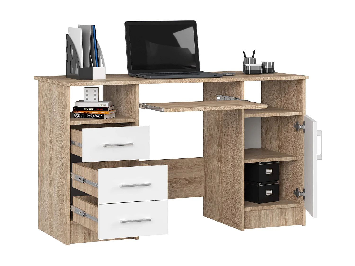 Bureau ANA met 3 Laden / Computerbureau / Computer Tafel / Bureautafel / Sonoma Eik - Wit / 124 x 77 x 52 cm