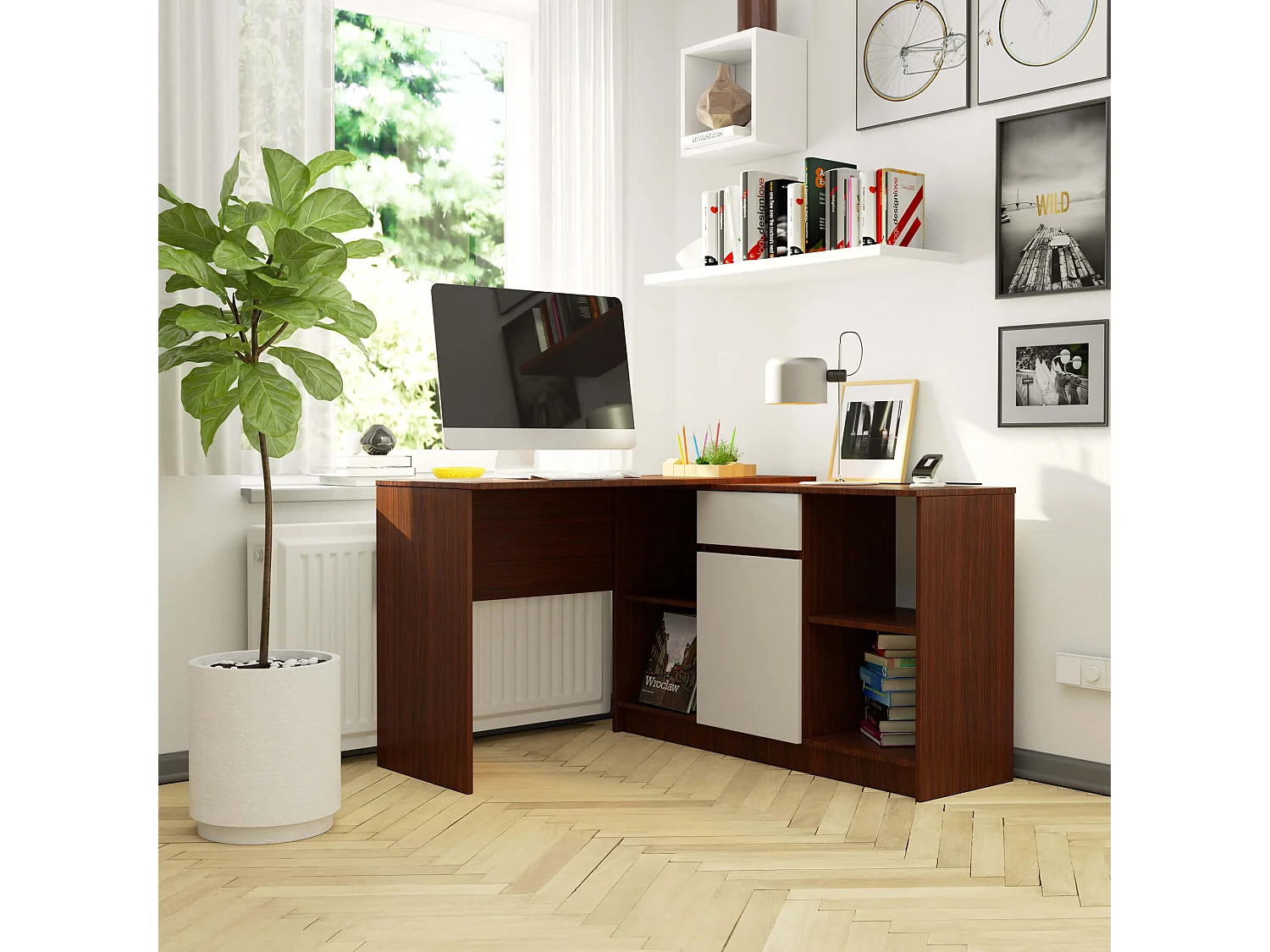 Eck-Schreibtisch AKORD B17 2-in-1 Kombination mit Kommode in der Farbe Wenge Schublade Front Weiß und 6 Ablagen B120 x H79 x T126 cm