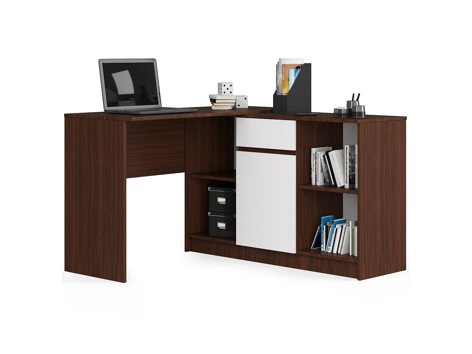 Eck-Schreibtisch AKORD B17 2-in-1 Kombination mit Kommode in der Farbe Wenge Schublade Front Weiß und 6 Ablagen B120 x H79 x T126 cm