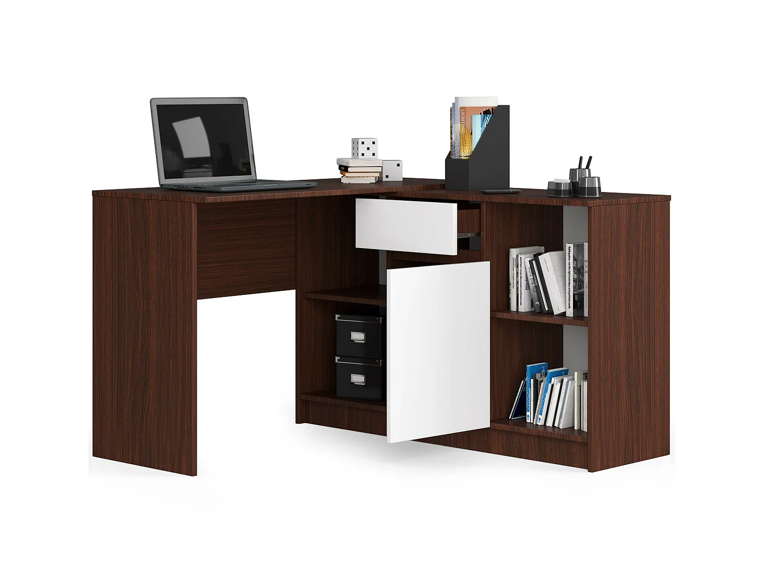 Eck-Schreibtisch AKORD B17 2-in-1 Kombination mit Kommode in der Farbe Wenge Schublade Front Weiß und 6 Ablagen B120 x H79 x T126 cm