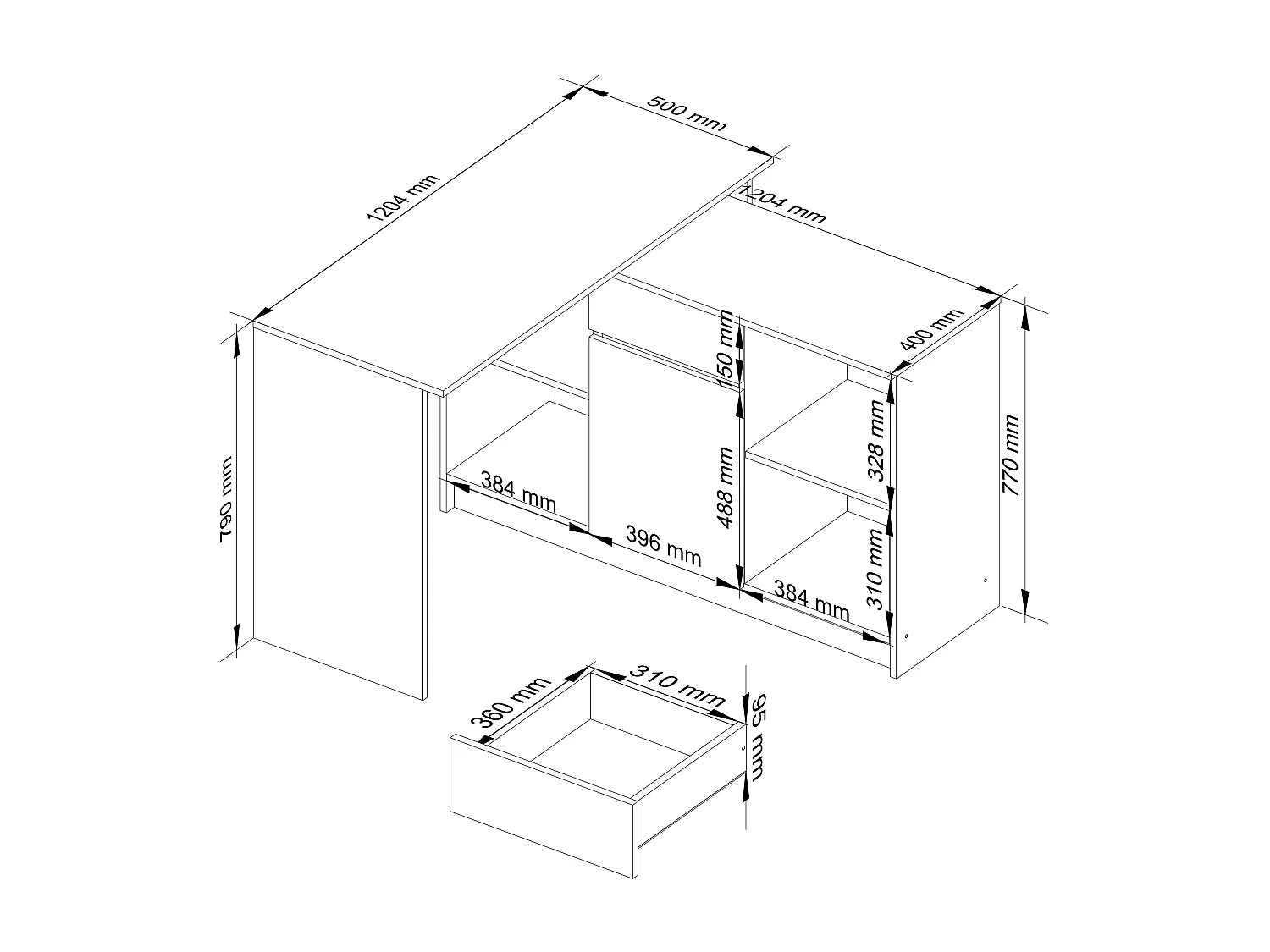 Eck-Schreibtisch AKORD B17 2-in-1 Kombination mit Kommode in der Farbe Wenge Schublade Front Weiß und 6 Ablagen B120 x H79 x T126 cm