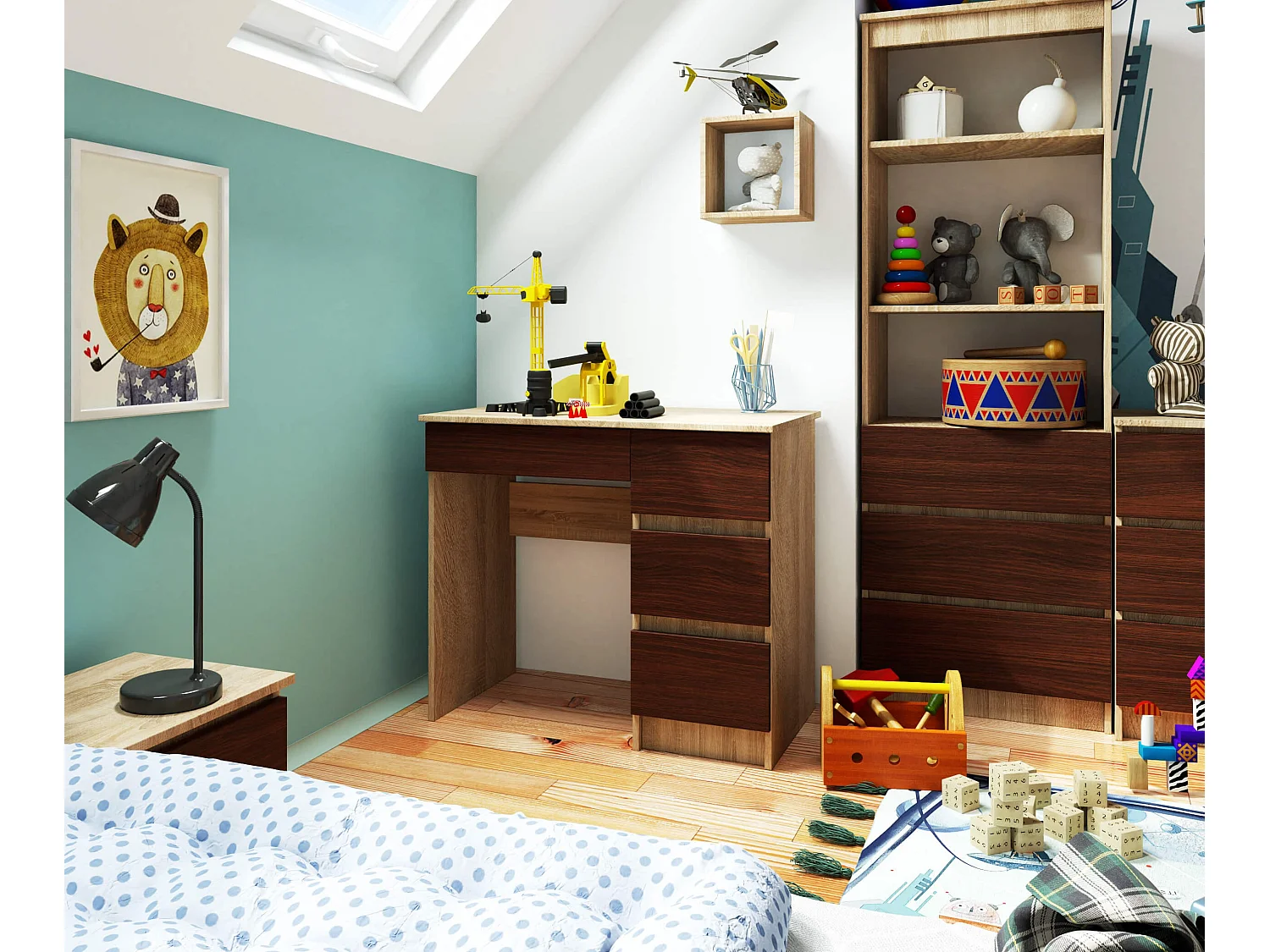 Bureau d'ordinateur AKORD droit A7 Chêne Sonoma 90 cm 4 tiroirs façade Wengé 90x50x77 cm