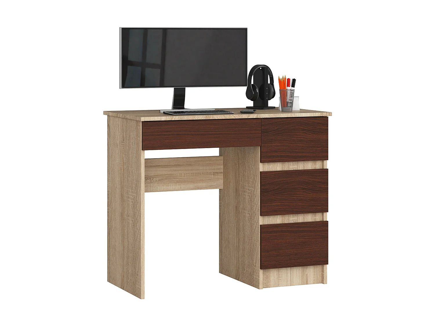 Bureau d'ordinateur AKORD droit A7 Chêne Sonoma 90 cm 4 tiroirs façade Wengé 90x50x77 cm