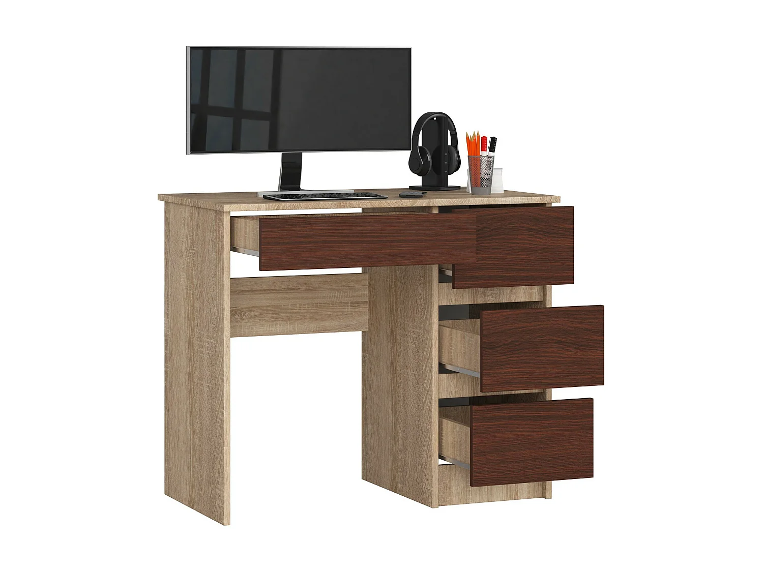 Bureau d'ordinateur AKORD droit A7 Chêne Sonoma 90 cm 4 tiroirs façade Wengé 90x50x77 cm