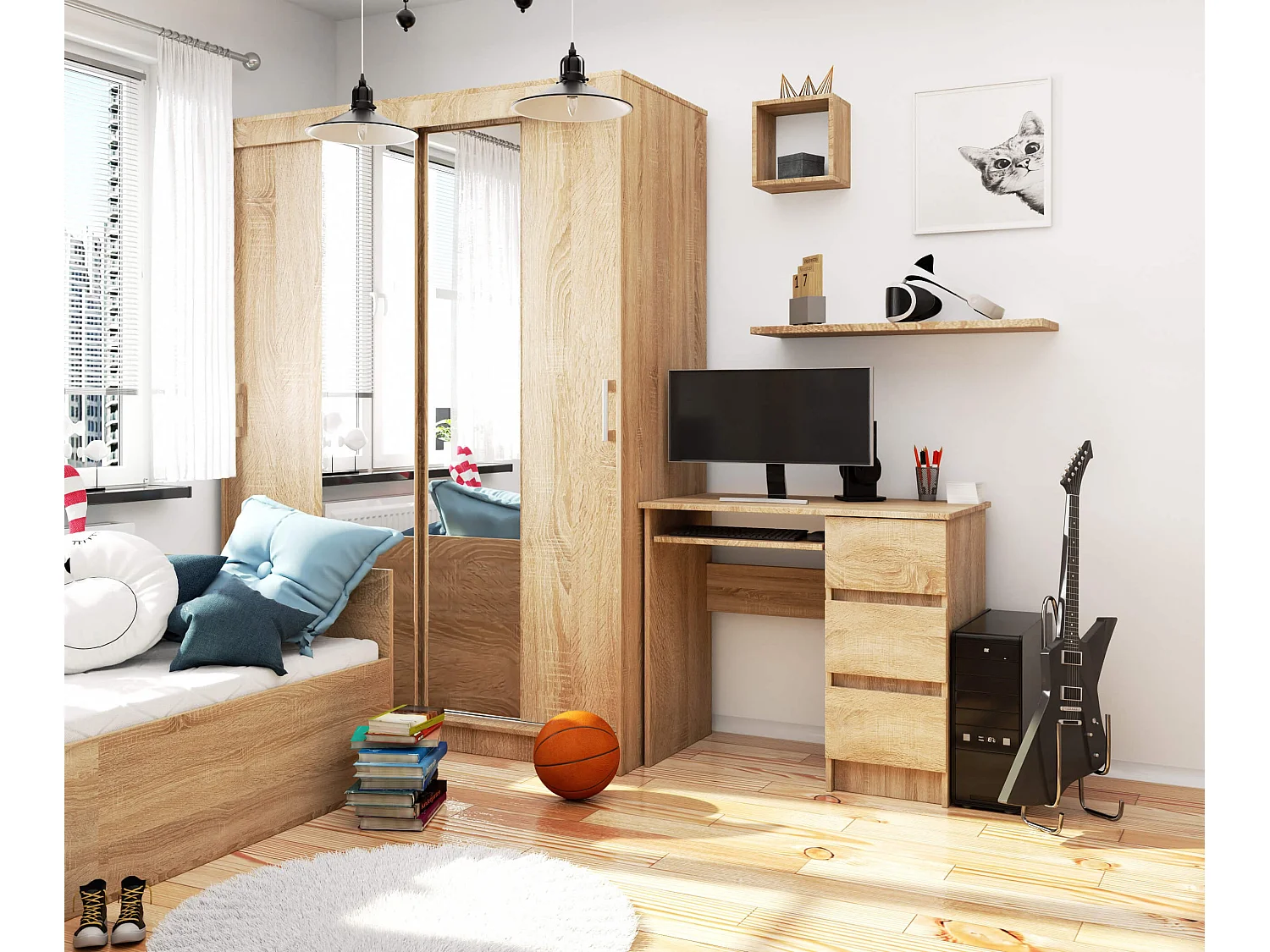 Bureau d'ordinateur AKORD droit A6 Chêne Sonoma 90 cm 3 tiroirs façade Chêne Sonoma 1 étagère 90x50x77 cm