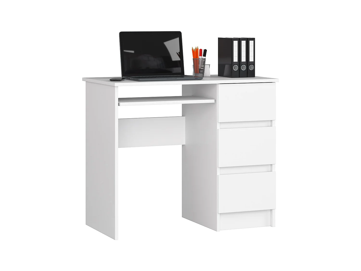 Bureau d'ordinateur AKORD droit A6 Blanc 90 cm 3 tiroirs façade Blanche 1 étagère 90x50x77 cm