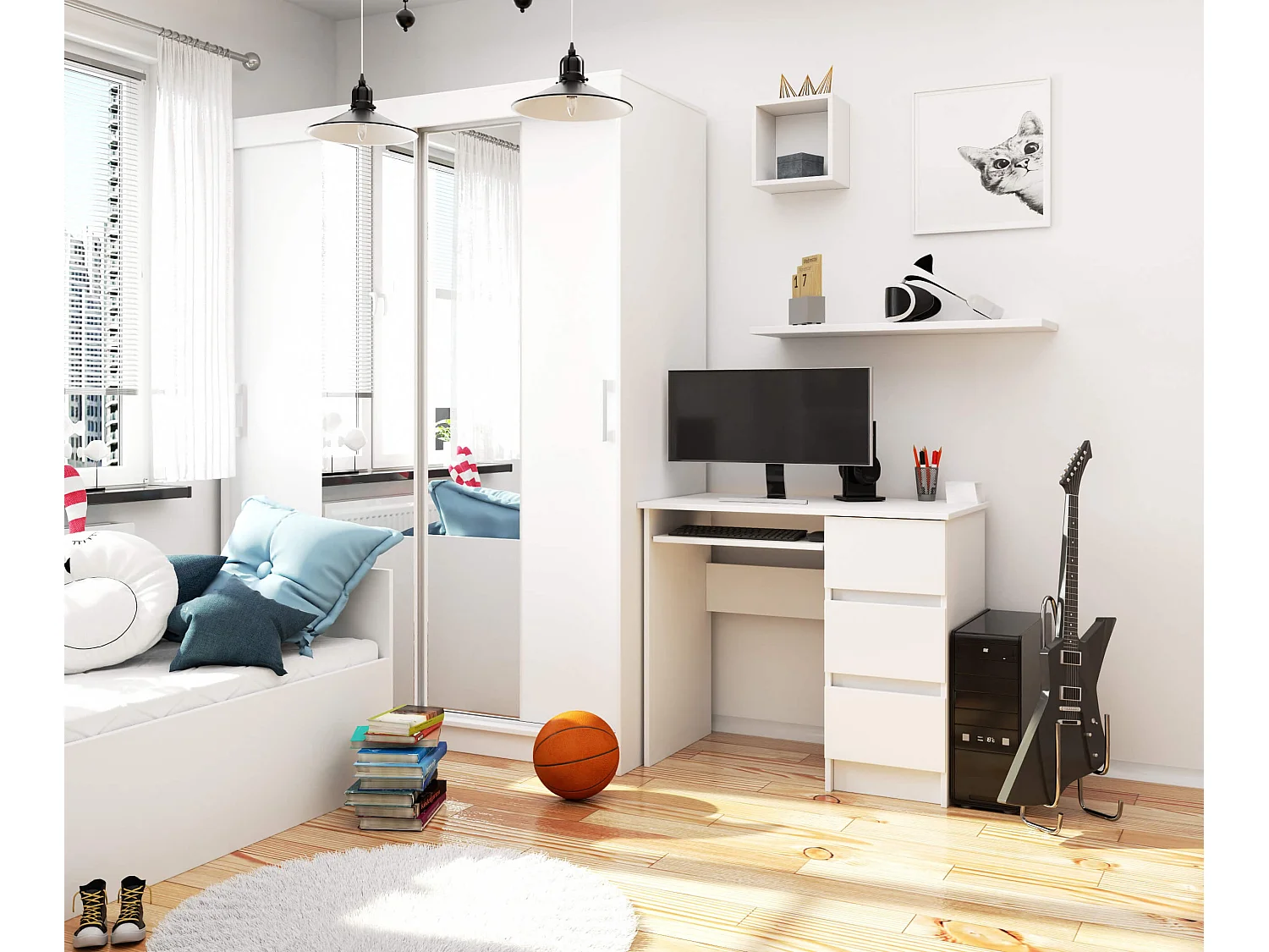 Bureau d'ordinateur AKORD droit A6 Blanc 90 cm 3 tiroirs façade Blanche 1 étagère 90x50x77 cm