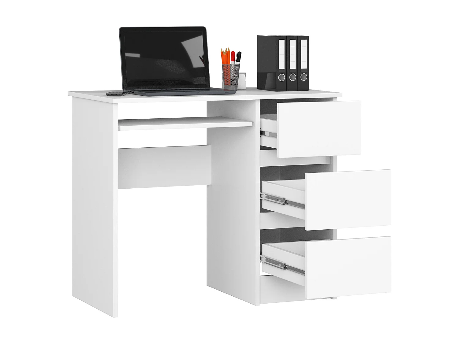 Bureau d'ordinateur AKORD droit A6 Blanc 90 cm 3 tiroirs façade Blanche 1 étagère 90x50x77 cm
