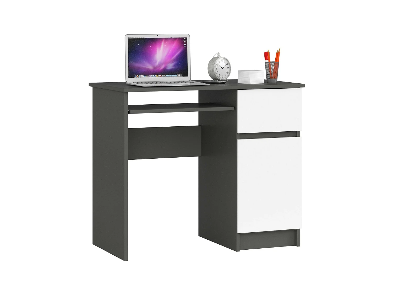 Bureau d'ordinateur AKORD droit PIKSEL Gris Graphite 90 cm 1 porte 1 tiroir façade Blanche 3 étagères 90x50x77 cm