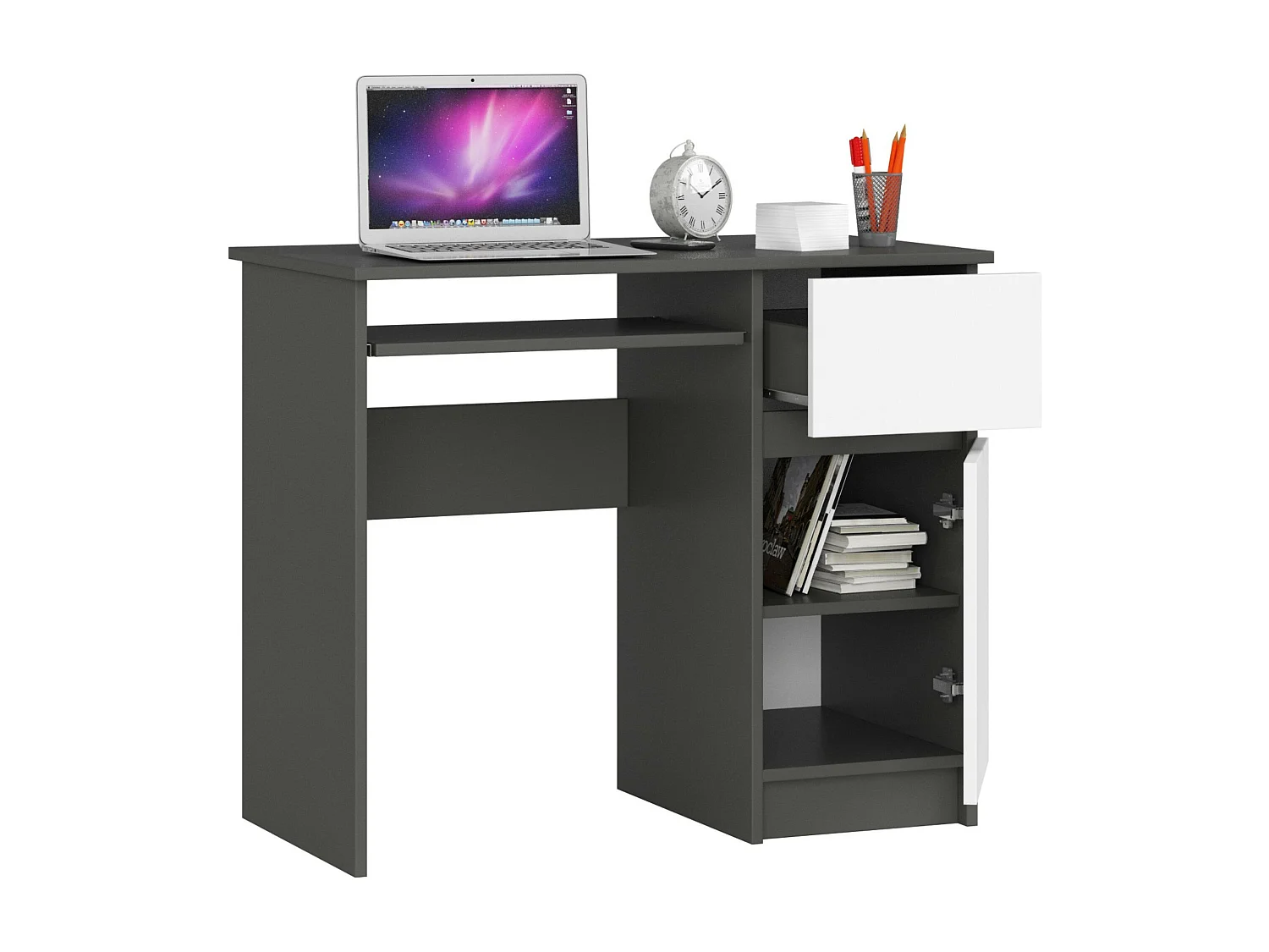 PC-Schreibtisch AKORD PIKSEL rechts in der Farbe Graphitgrau Schublade Front Weiß und 3 Ablagen B90 x H77 x T50 cm