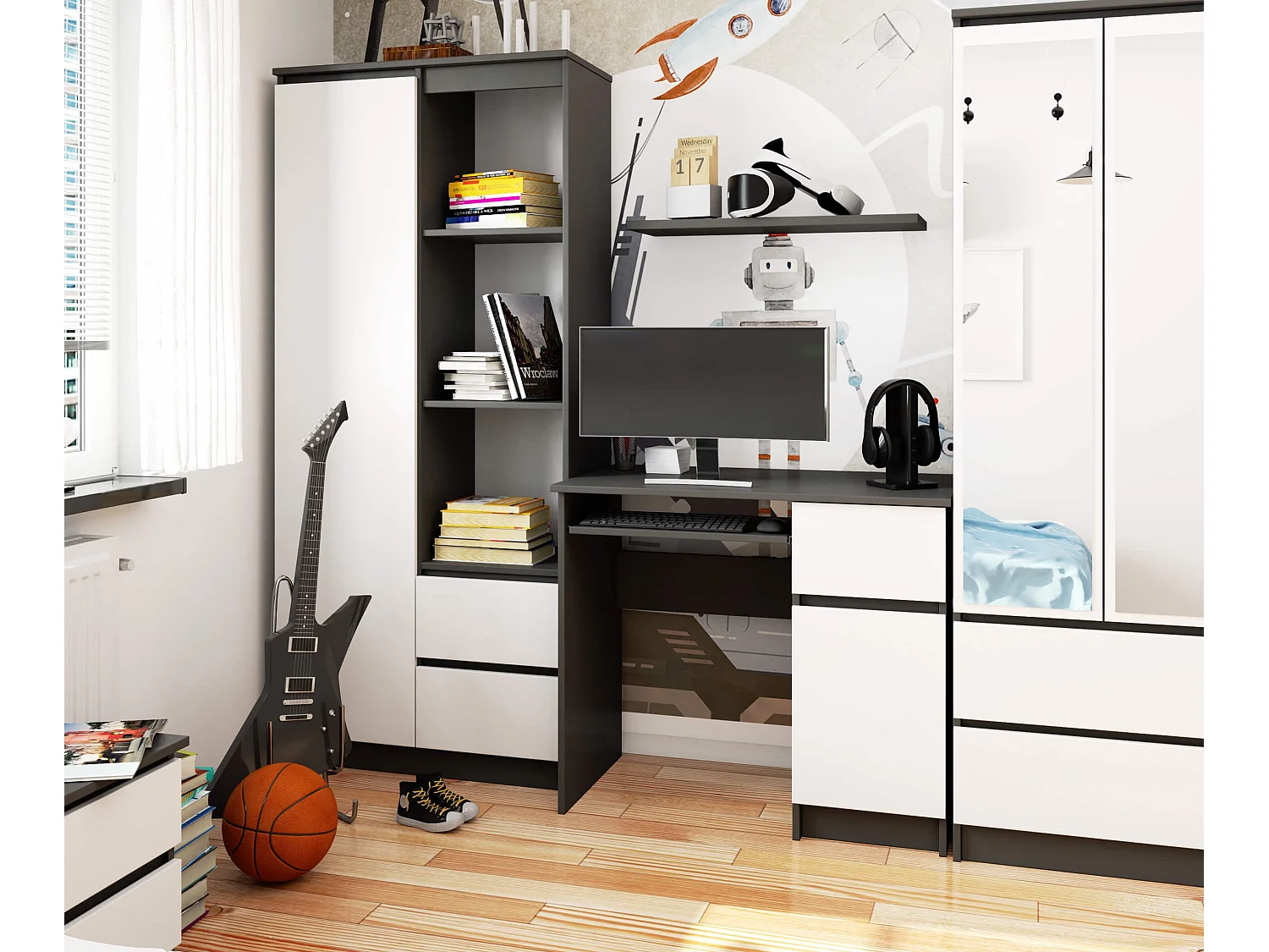 PC-Schreibtisch AKORD PIKSEL rechts in der Farbe Graphitgrau Schublade Front Weiß und 3 Ablagen B90 x H77 x T50 cm