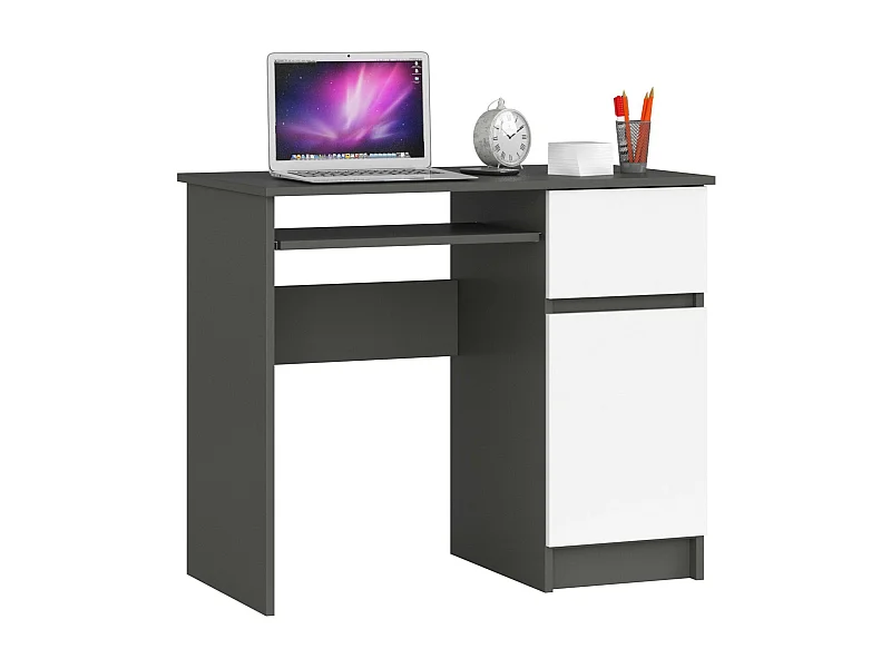 PC-Schreibtisch AKORD PIKSEL rechts in der Farbe Graphitgrau Schublade Front Weiß und 3 Ablagen B90 x H77 x T50 cm