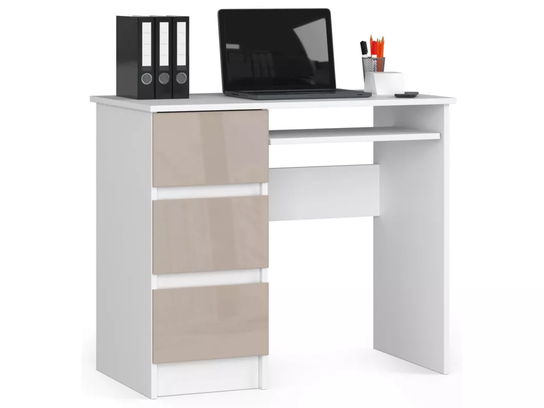 Kauf Unique PC-Schreibtisch AKORD A6 links in der Farbe Weiß mit 3 Schubladen Front Cappuccino Hochglanz und 1 Ablagen B90 x H77 x T50 cm