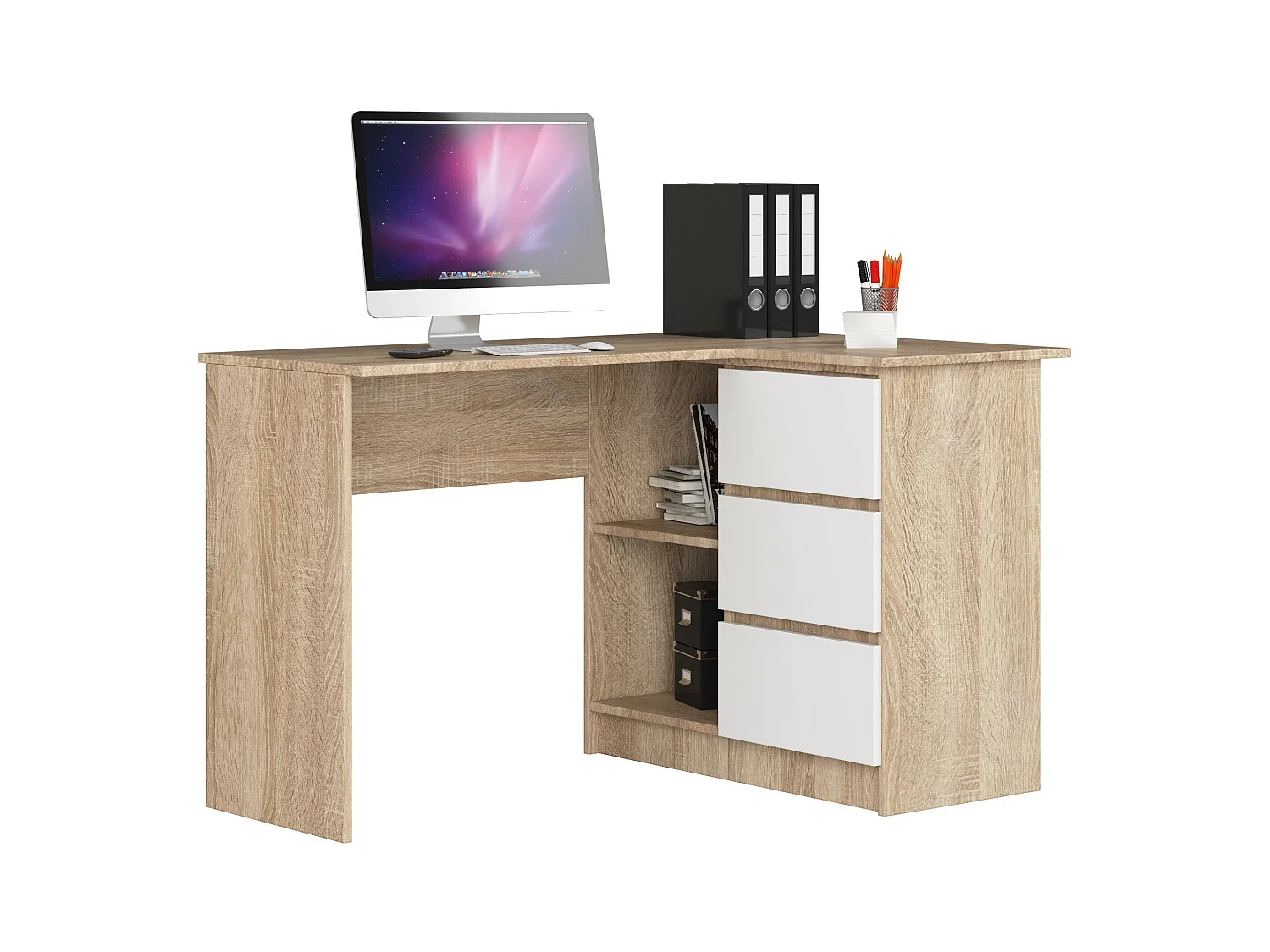 Bureau AKORD d'angle droit B16 Chêne Sonoma 124 cm 3 tiroirs façade Blanche 2 étagères 124x85x77 cm