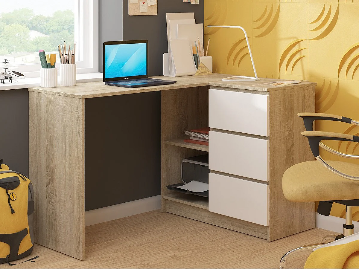 Hoekbureau B16 Rechts Sonoma Eiken/Wit 124x77 cm met Drie Laden en Twee Planken