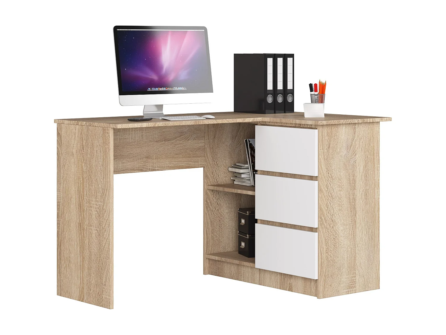 Bureau AKORD d'angle droit B16 Chêne Sonoma 124 cm 3 tiroirs façade Blanche 2 étagères 124x85x77 cm