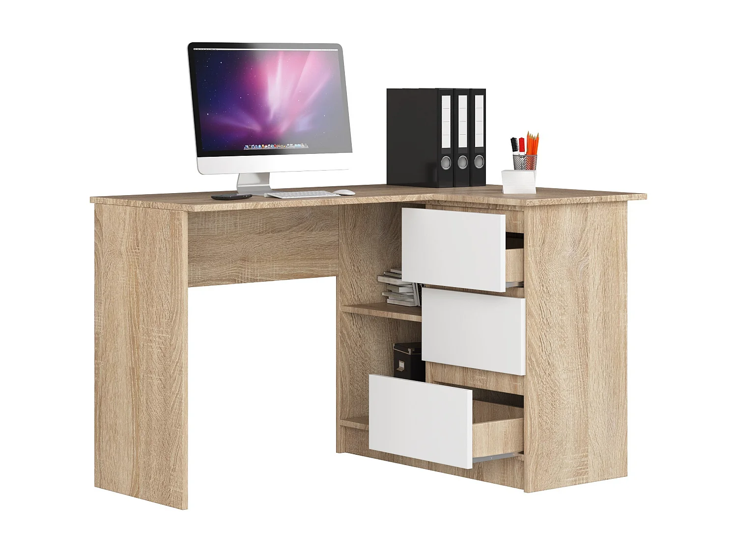 Bureau AKORD d'angle droit B16 Chêne Sonoma 124 cm 3 tiroirs façade Blanche 2 étagères 124x85x77 cm