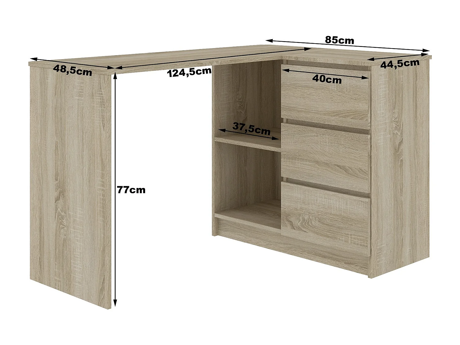 Bureau AKORD d'angle droit B16 Chêne Sonoma 124 cm 3 tiroirs façade Blanche 2 étagères 124x85x77 cm