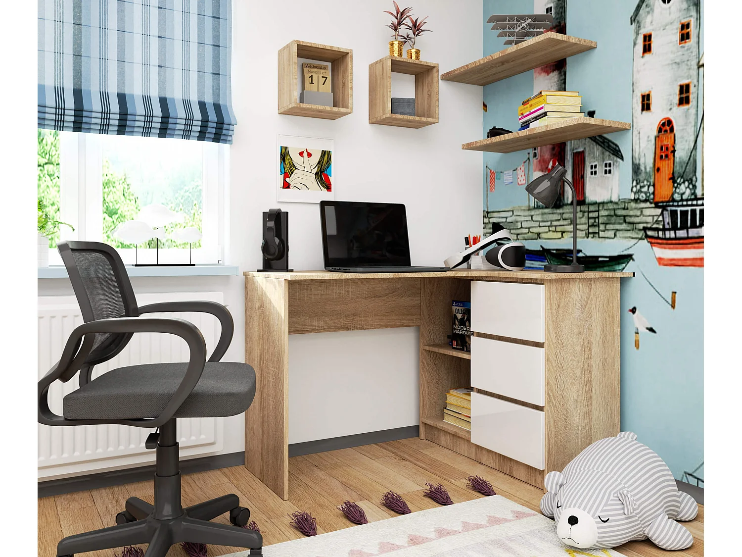 Bureau AKORD d'angle droit B16 Chêne Sonoma 124 cm 3 tiroirs façade Blanche 2 étagères 124x85x77 cm