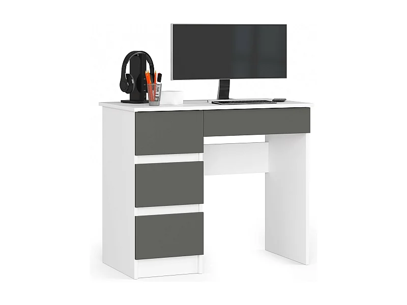 PC-Schreibtisch AKORD A7 links in der Farbe Weiß mit 4 Schubladen Front Graphitgrau B90 x H77 x T50 cm