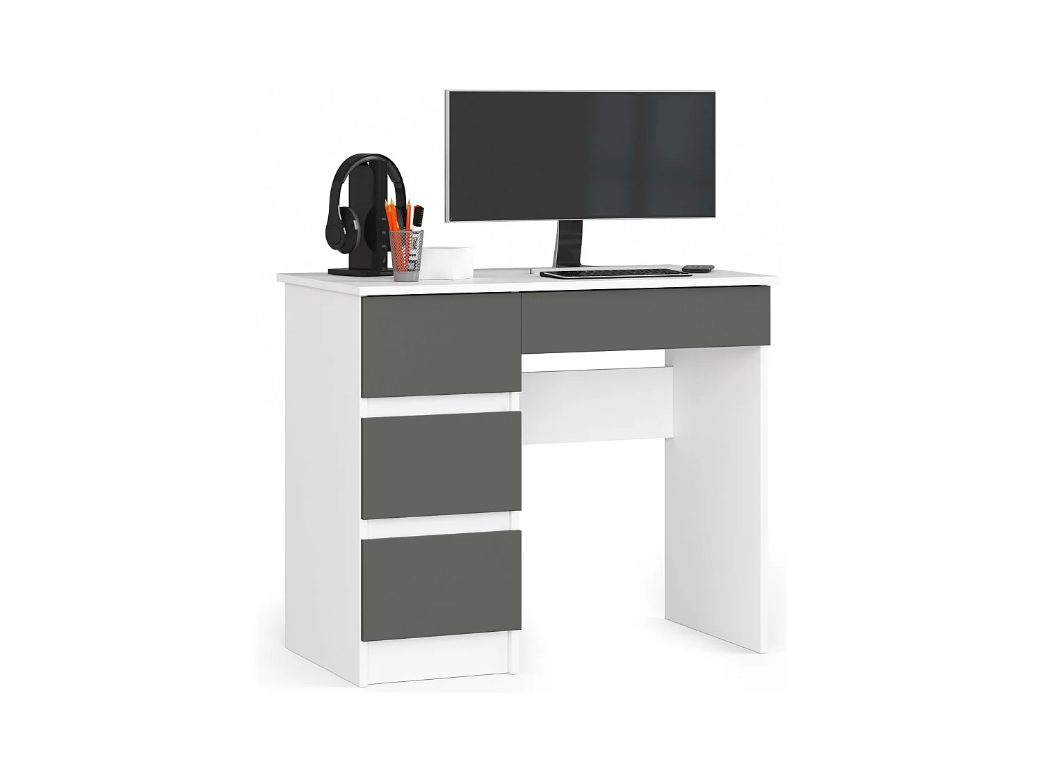 Bureau d'ordinateur AKORD gauche A7 Blanc 90 cm 4 tiroirs façade Gris Graphite 90x50x77 cm