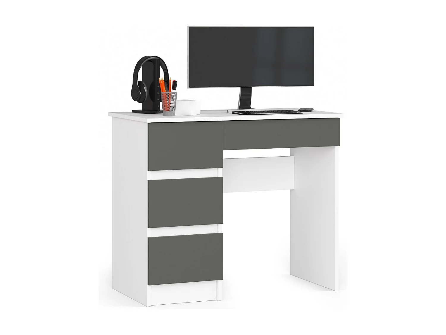 Bureau d'ordinateur AKORD gauche A7 Blanc 90 cm 4 tiroirs façade Gris Graphite 90x50x77 cm