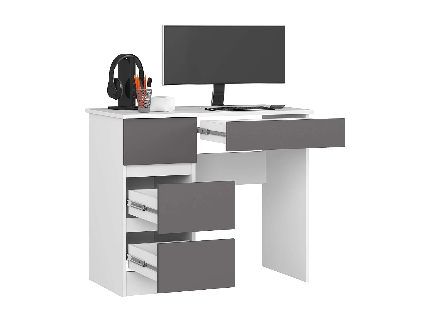 Bureau d'ordinateur AKORD gauche A7 Blanc 90 cm 4 tiroirs façade Gris Graphite 90x50x77 cm