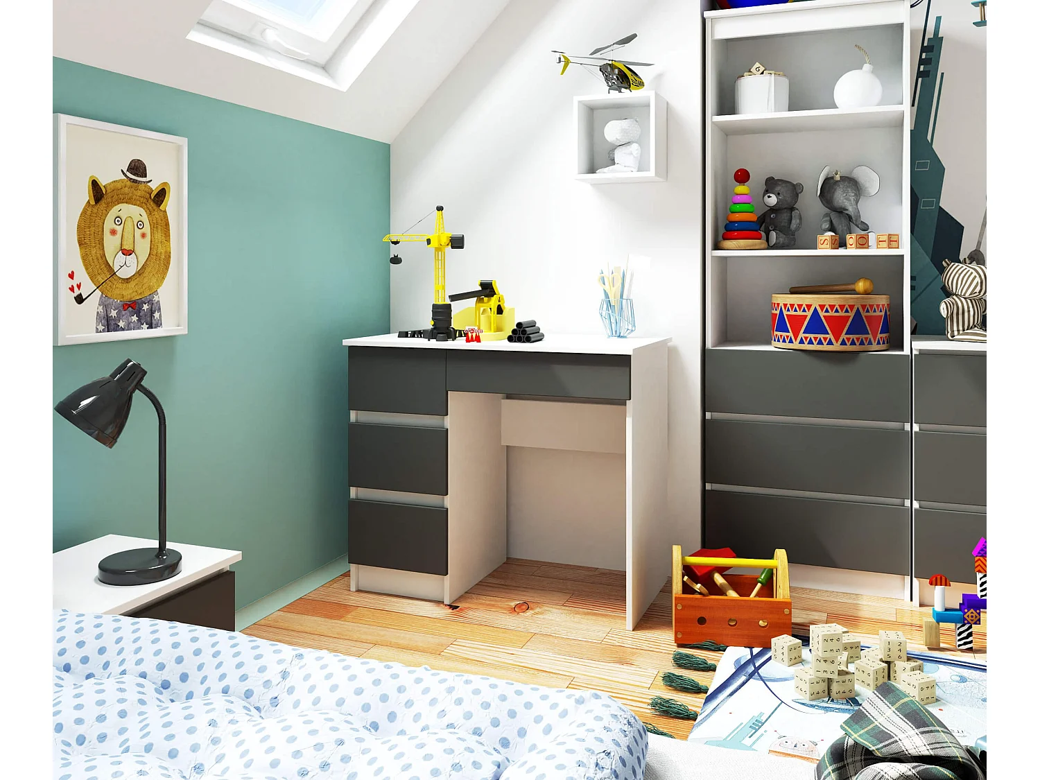 Bureau d'ordinateur AKORD gauche A7 Blanc 90 cm 4 tiroirs façade Gris Graphite 90x50x77 cm