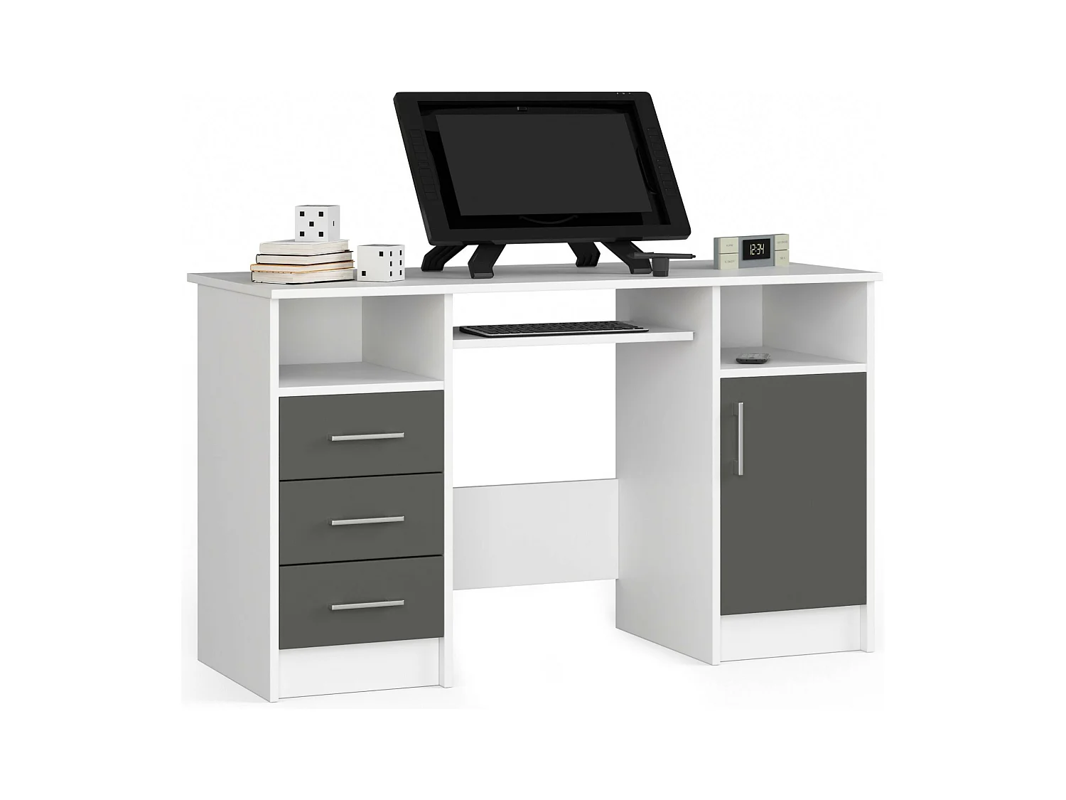 Bureau d'ordinateur AKORD ANA Blanc 124 cm 1 porte 3 tiroirs façade Gris Graphite 5 étagères 124x52x74 cm