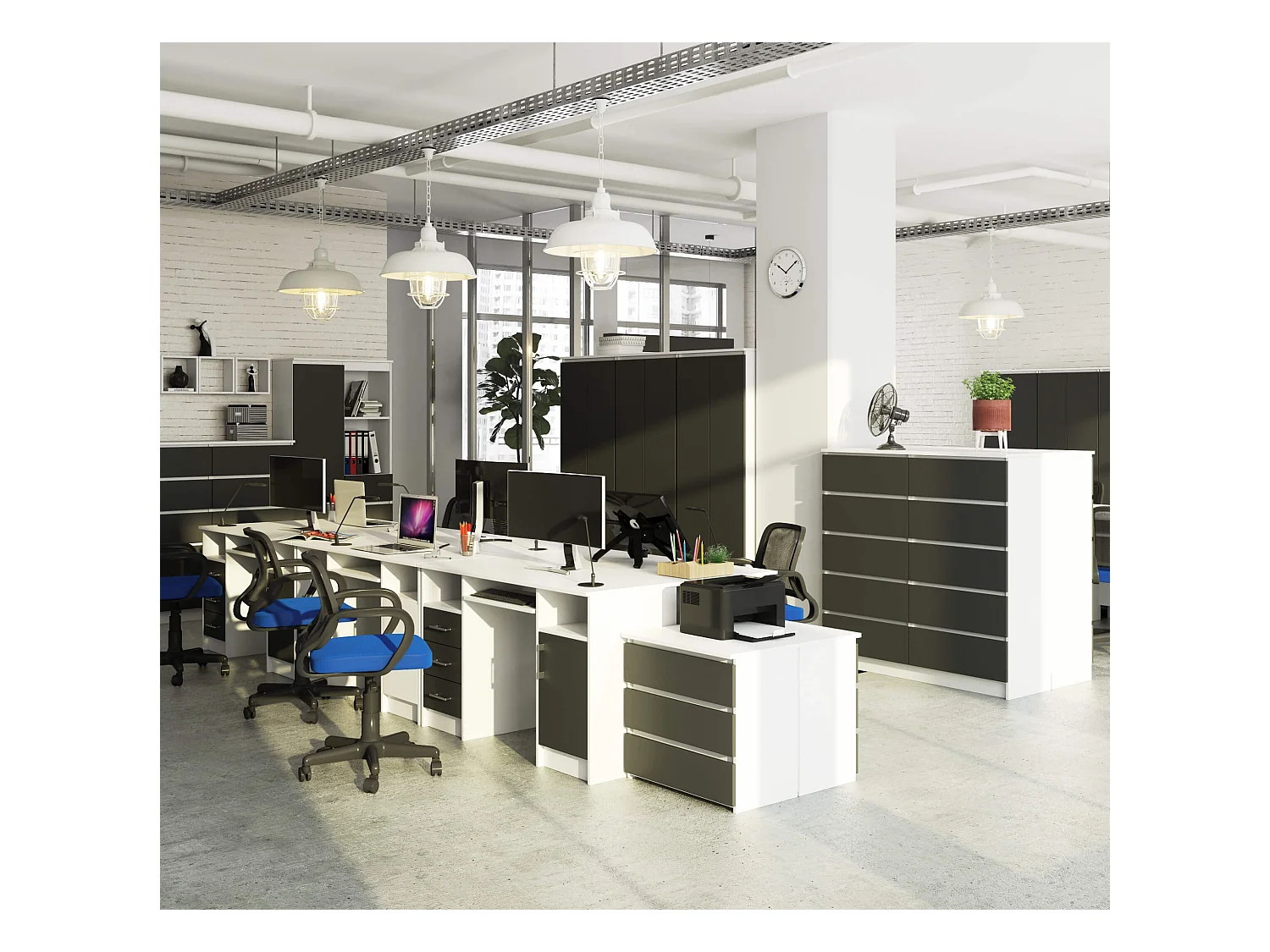 Biurko AKORD ANA Białe 124 cm biurko komputerowe 1 drzwi 3 szuflady kolor Grafit Szary mat 5 półek 124x52x74 cm