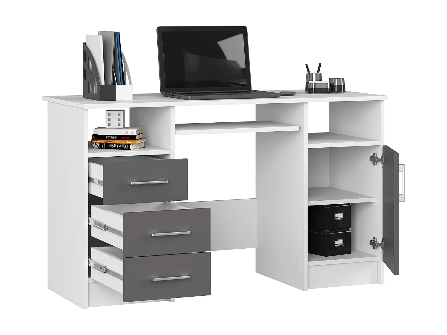 Bureau ANA met 3 Laden / Computerbureau / Computer Tafel / Bureautafel / Wit - Grafietgrijs / 124 x 77 x 52 cm