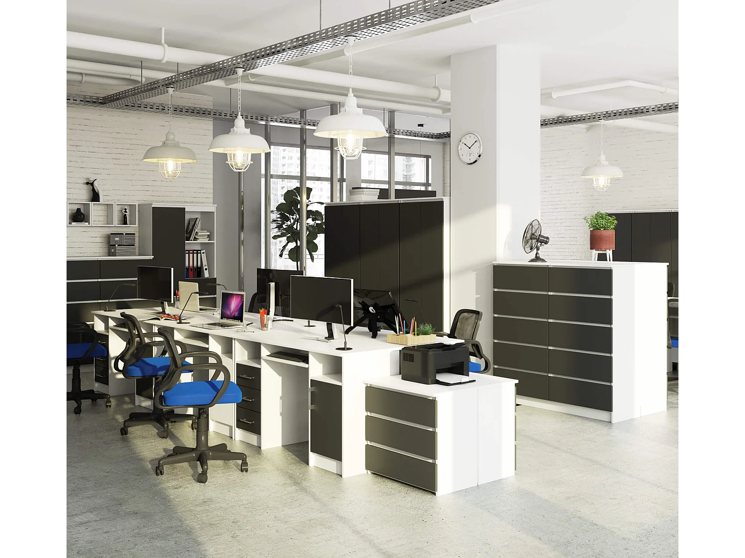 Bureau ANA met 3 Laden / Computerbureau / Computer Tafel / Bureautafel / Wit - Grafietgrijs / 124 x 77 x 52 cm