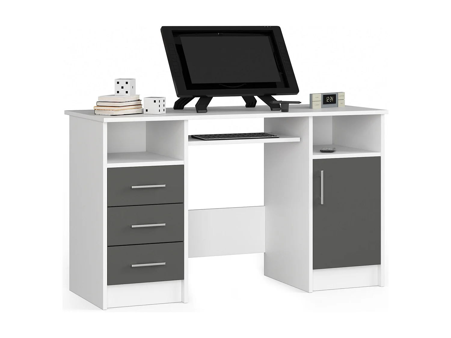 Bureau d'ordinateur AKORD ANA Blanc 124 cm 1 porte 3 tiroirs façade Gris Graphite 5 étagères 124x52x74 cm