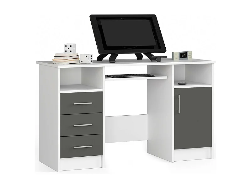 Bureau d'ordinateur AKORD ANA Blanc 124 cm 1 porte 3 tiroirs façade Gris Graphite 5 étagères 124x52x74 cm