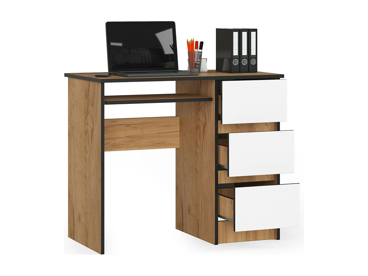 Scrivania per computer AKORD A6 Quercia Craft 90 cm 3 cassetti inserto frontale Bianco 90x50x77 cm Modello a destra