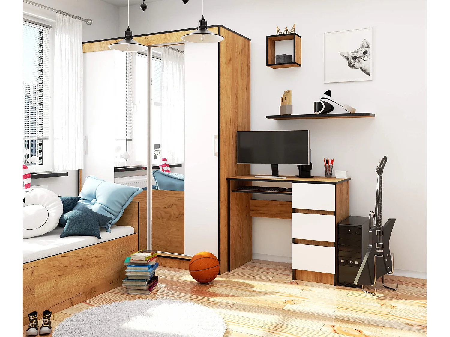 Rechthoekig Bureau A-6 Met Witte Fronten en Craft Eiken Afwerking - Rechtszijdige Opstelling - 90x77x50 cm - 3 Laden Met Uitschuifbare Toetsenbordplank