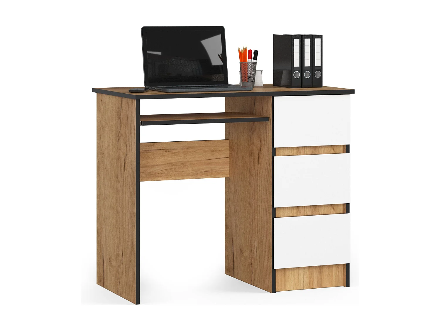 Rechthoekig Bureau A-6 Met Witte Fronten en Craft Eiken Afwerking - Rechtszijdige Opstelling - 90x77x50 cm - 3 Laden Met Uitschuifbare Toetsenbordplank