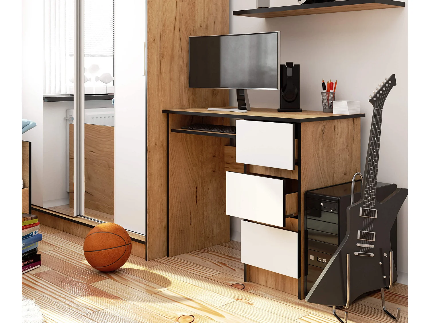 Rechthoekig Bureau A-6 Met Witte Fronten en Craft Eiken Afwerking - Rechtszijdige Opstelling - 90x77x50 cm - 3 Laden Met Uitschuifbare Toetsenbordplank