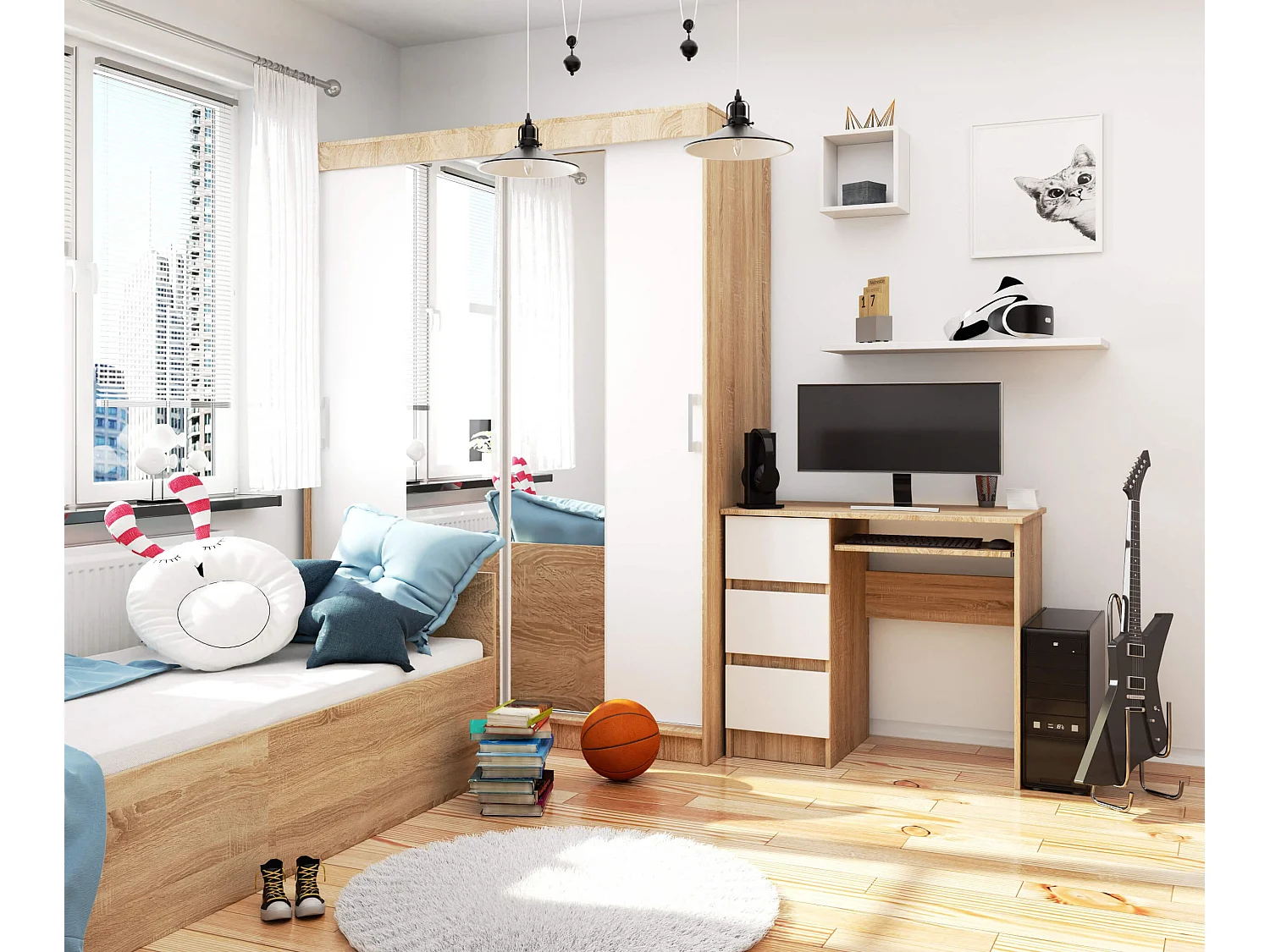 Computertafel A-6 90 cm Links Sonoma Eiken / Wit, Met Drie Laden en Uittrekbare Toetsenbordlade