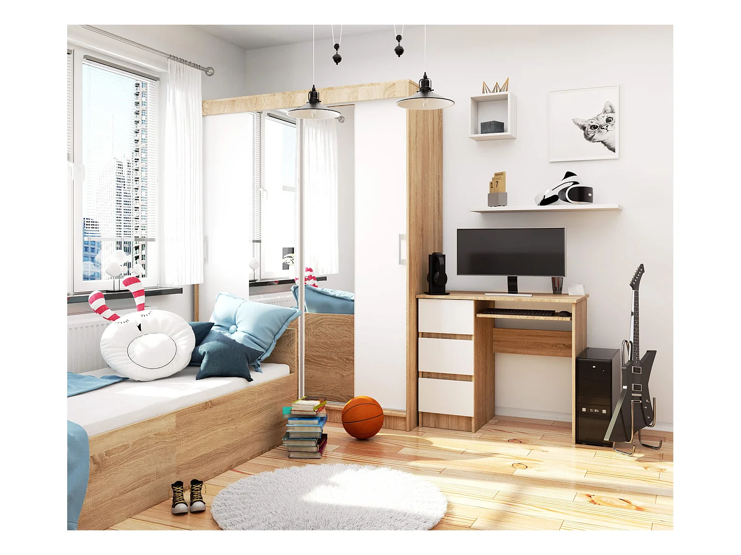 Computertafel A-6 90 cm Links Sonoma Eiken / Wit, Met Drie Laden en Uittrekbare Toetsenbordlade