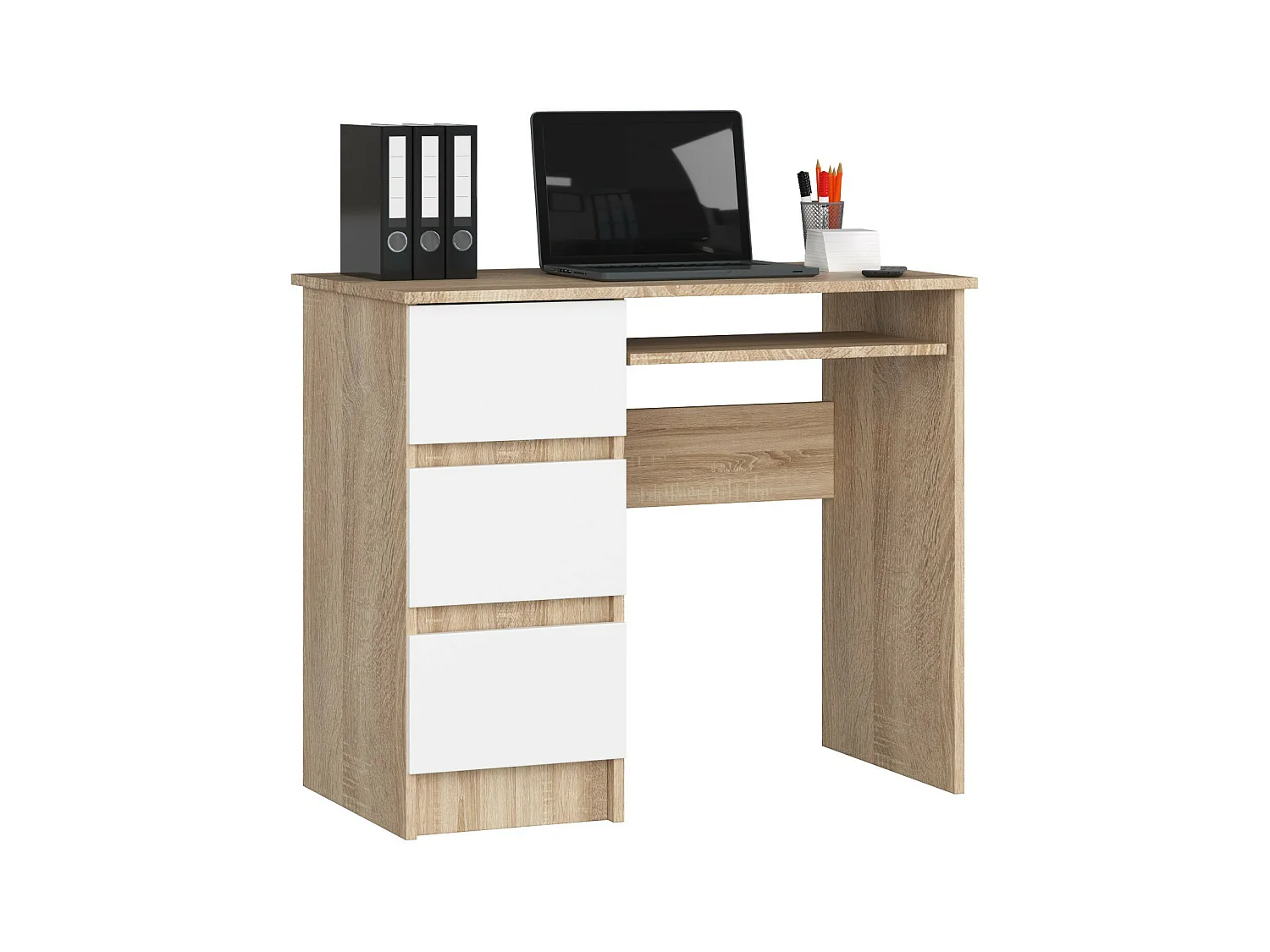 Bureau d'ordinateur AKORD gauche A6 Chêne Sonoma 90 cm 3 tiroirs façade Blanche 1 étagère 90x50x77 cm