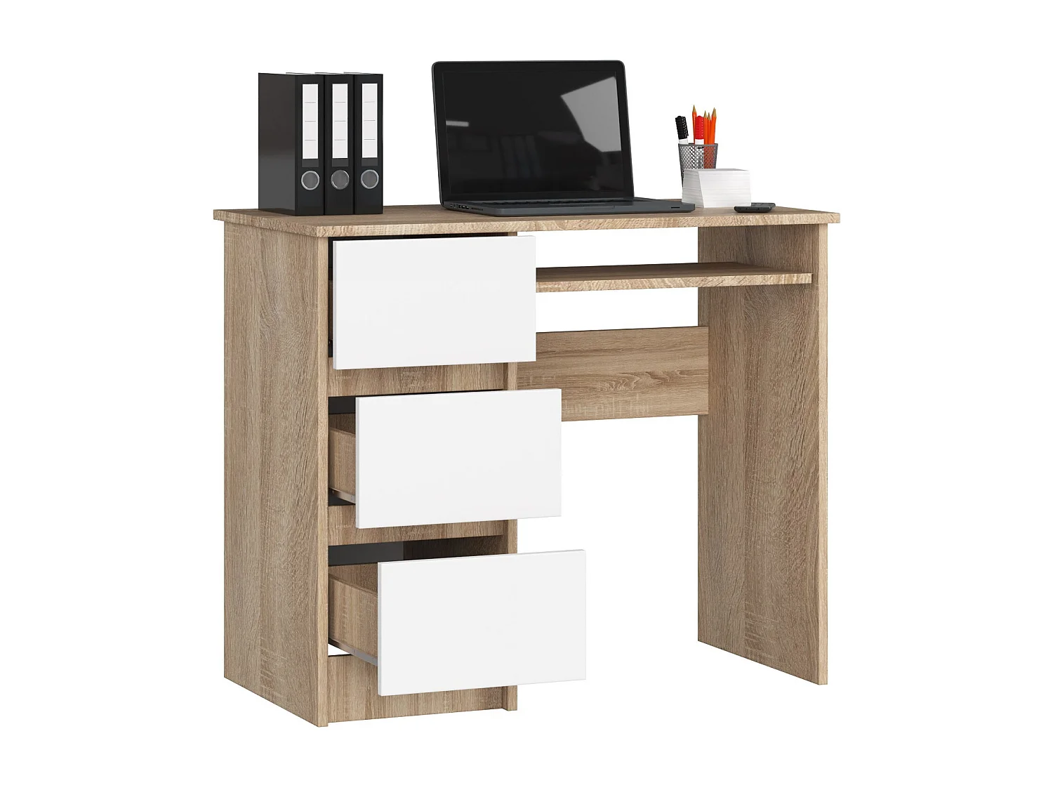 Computertafel A-6 90 cm Links Sonoma Eiken / Wit, Met Drie Laden en Uittrekbare Toetsenbordlade