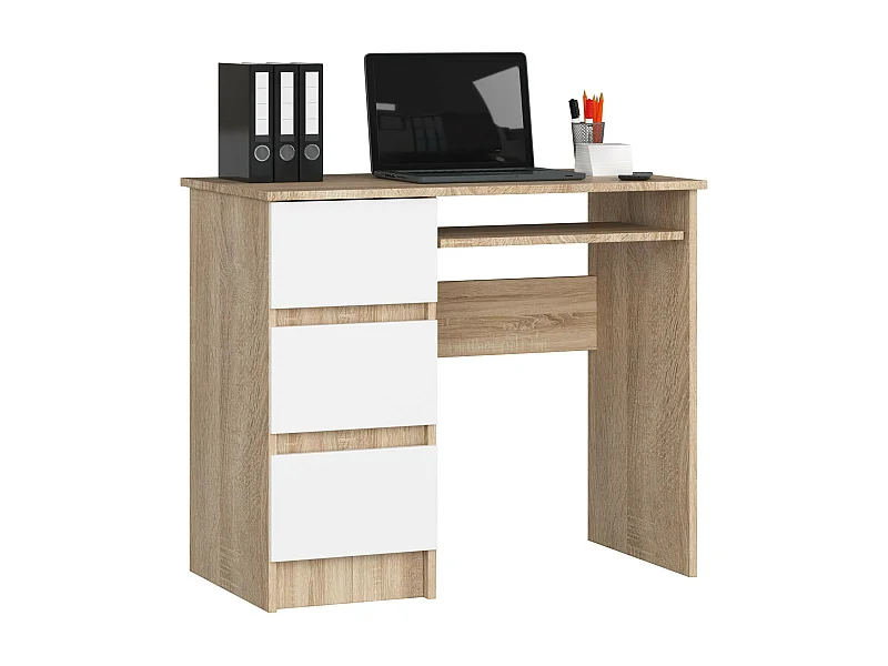 Bureau d'ordinateur AKORD gauche A6 Chêne Sonoma 90 cm 3 tiroirs façade Blanche 1 étagère 90x50x77 cm