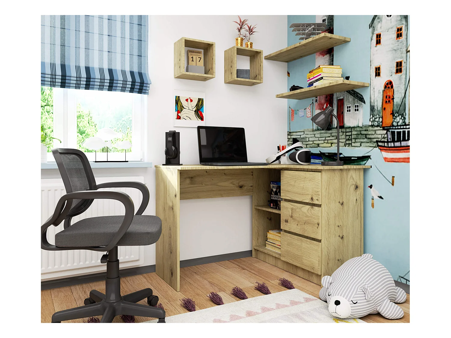 Hoekbureau B16 Rechts Driedubbele Lade Eik Artisan