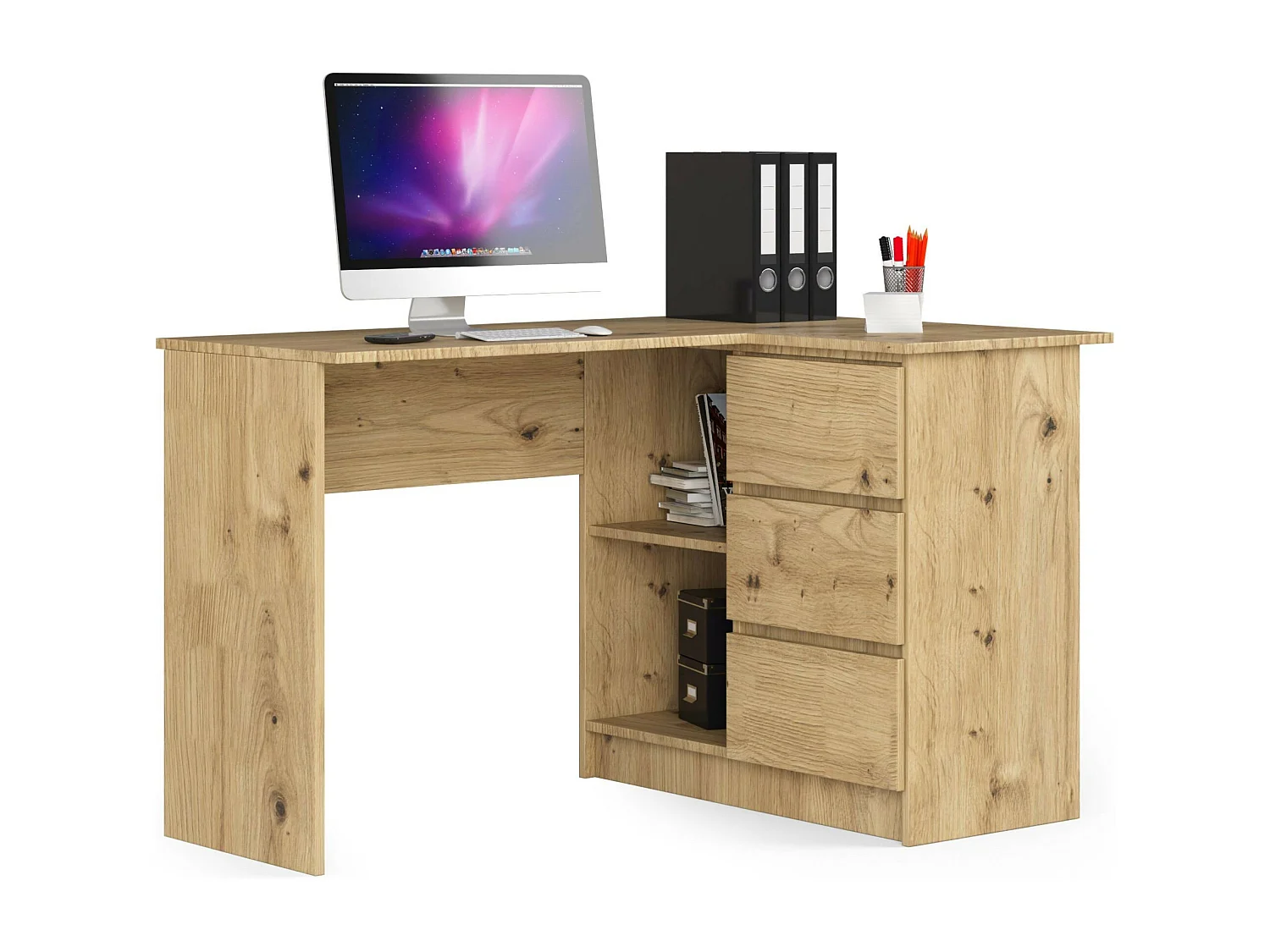 Bureau AKORD d'angle droit B16 Chêne Artisan 124 cm 3 tiroirs façade Chêne Artisan 2 étagères 124x85x77 cm
