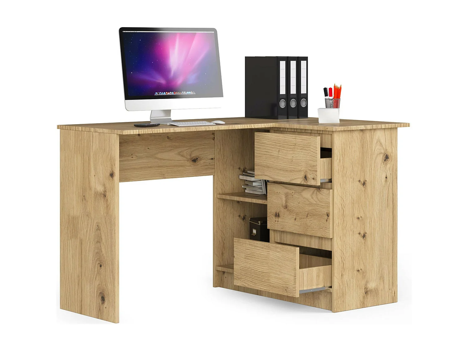 Bureau AKORD d'angle droit B16 Chêne Artisan 124 cm 3 tiroirs façade Chêne Artisan 2 étagères 124x85x77 cm