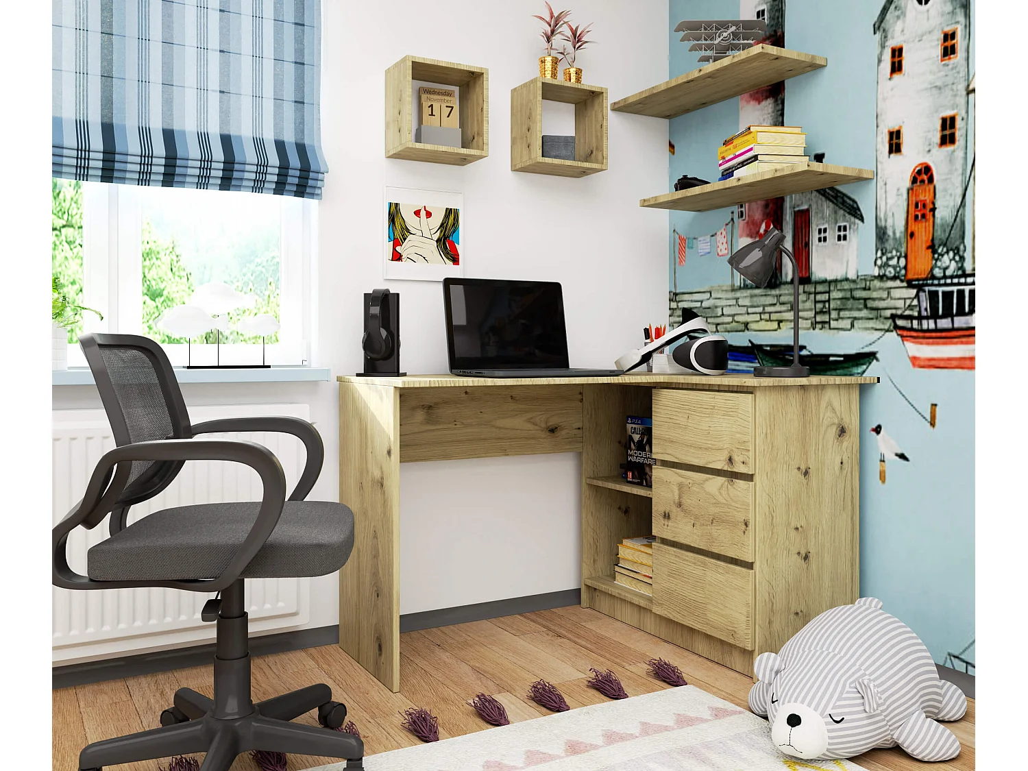 Bureau AKORD d'angle droit B16 Chêne Artisan 124 cm 3 tiroirs façade Chêne Artisan 2 étagères 124x85x77 cm