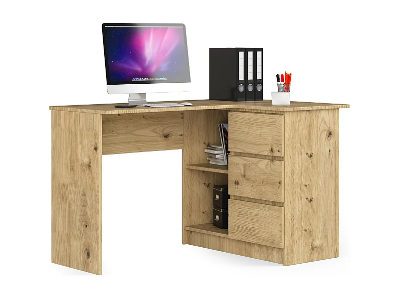 Bureau AKORD d'angle droit B16 Chêne Artisan 124 cm 3 tiroirs façade Chêne Artisan 2 étagères 124x85x77 cm