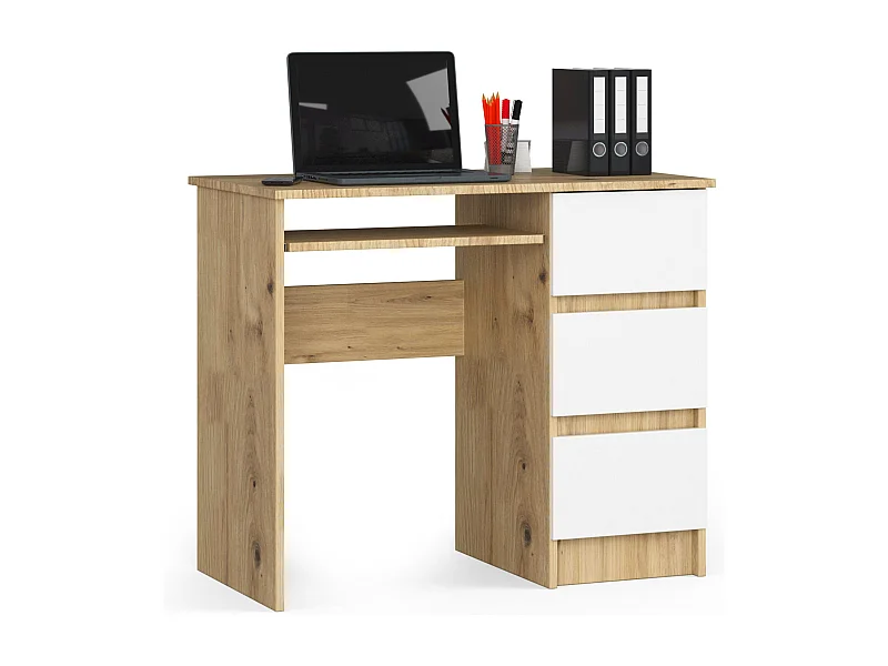 Bureau d'ordinateur AKORD droit A6 Chêne Artisan 90 cm 3 tiroirs façade Blanche 1 étagère 90x50x77 cm